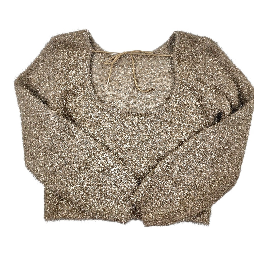 By Anthropologie Eyelash Pullover Sweater M Gold Metallic Tinsel Scoop Back Tie - Picture 6 of 12